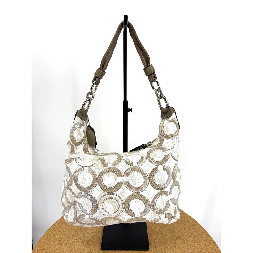 Coach Poppy Signature Sequin Applique Hobo Bag Khaki Cream 16791 with Pouch